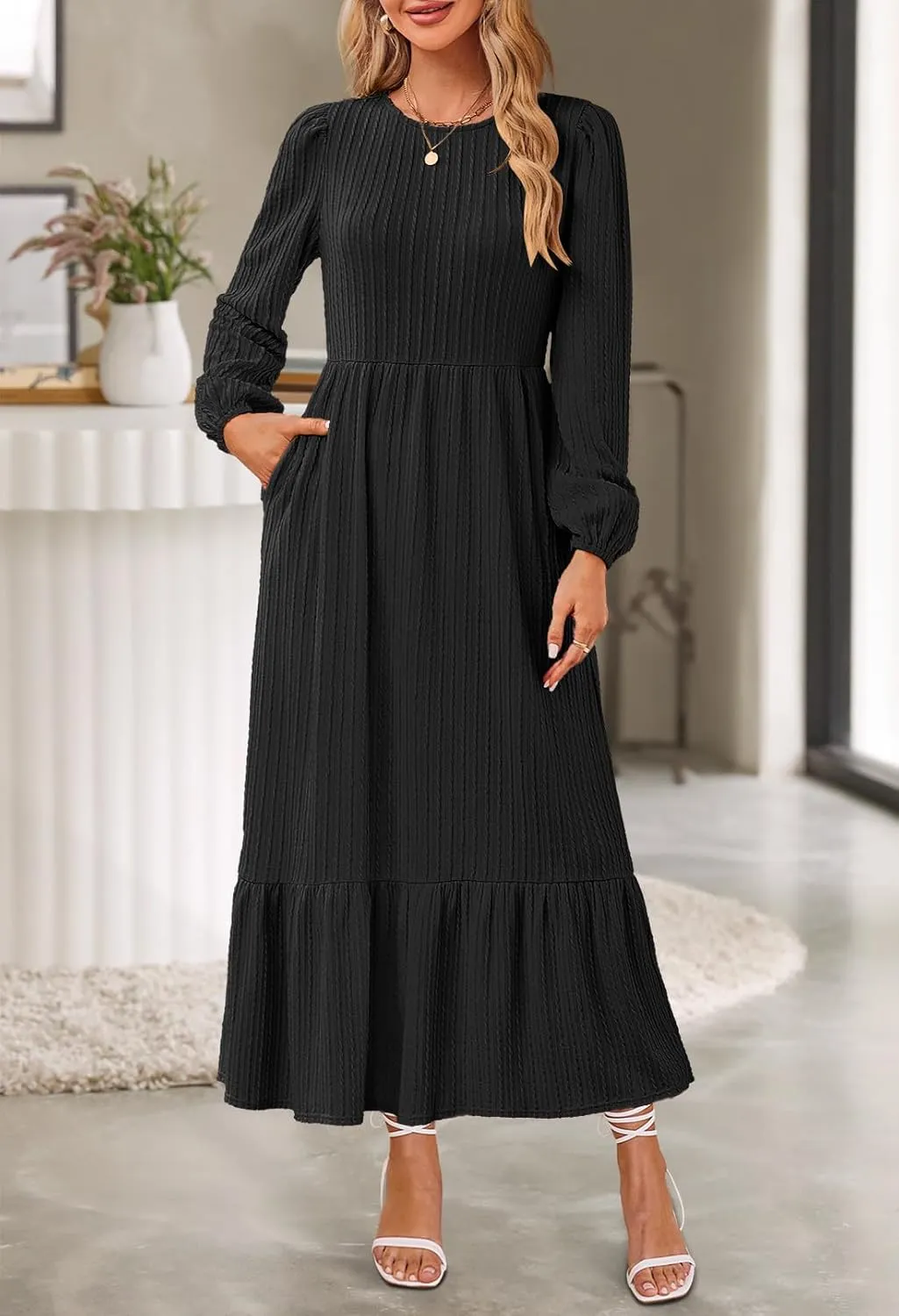 MEROKEETY Women's Fall Long Sleeve Maxi Dresses 2024 Casual Knit Crew Neck Tiered Flowy Pockets Dress