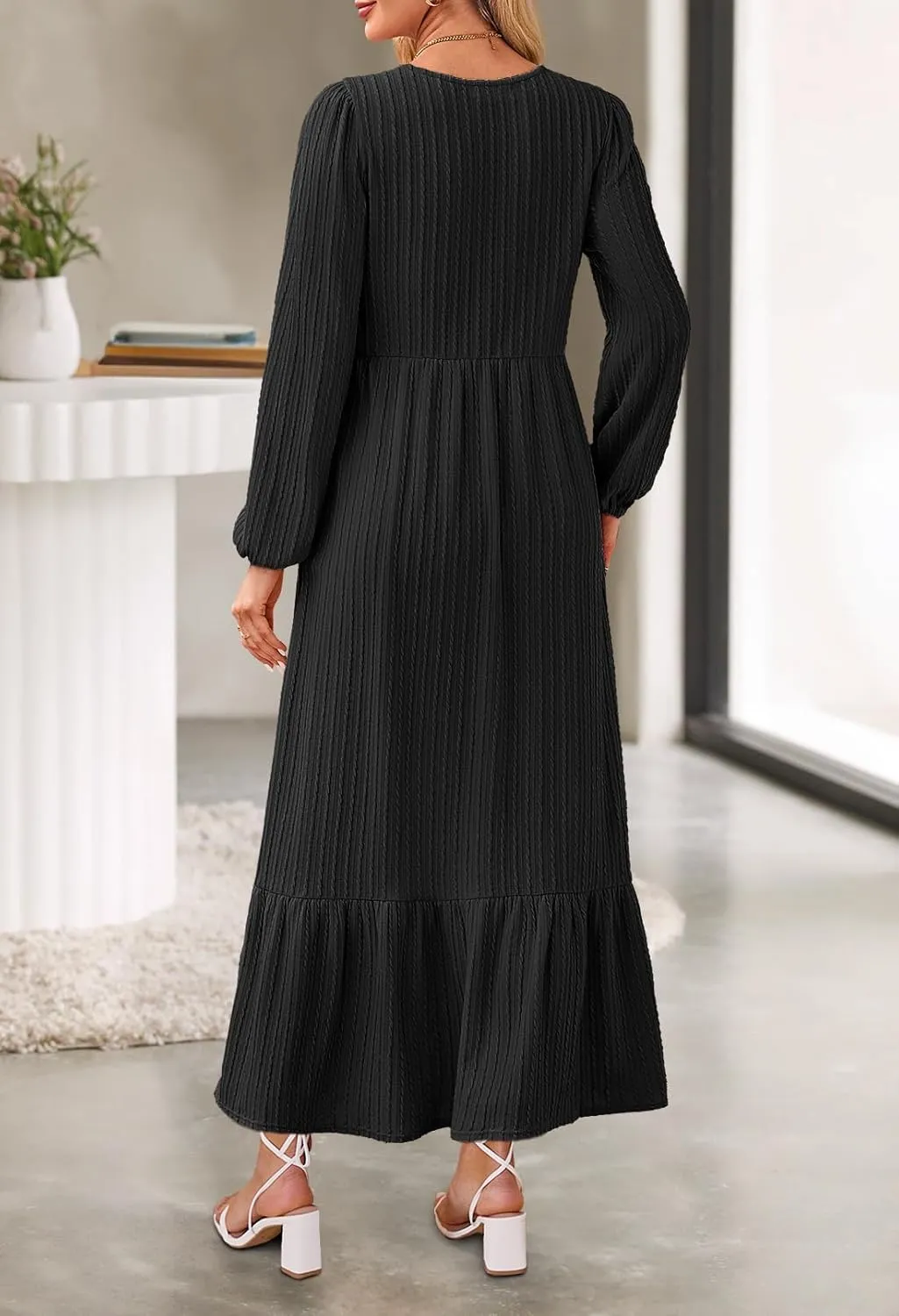 MEROKEETY Women's Fall Long Sleeve Maxi Dresses 2024 Casual Knit Crew Neck Tiered Flowy Pockets Dress