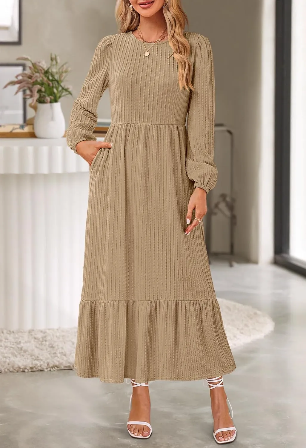 MEROKEETY Women's Fall Long Sleeve Maxi Dresses 2024 Casual Knit Crew Neck Tiered Flowy Pockets Dress
