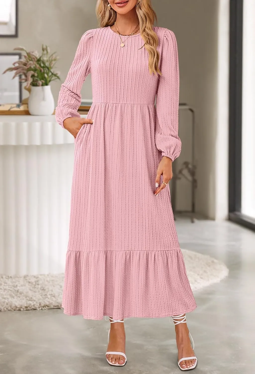 MEROKEETY Women's Fall Long Sleeve Maxi Dresses 2024 Casual Knit Crew Neck Tiered Flowy Pockets Dress