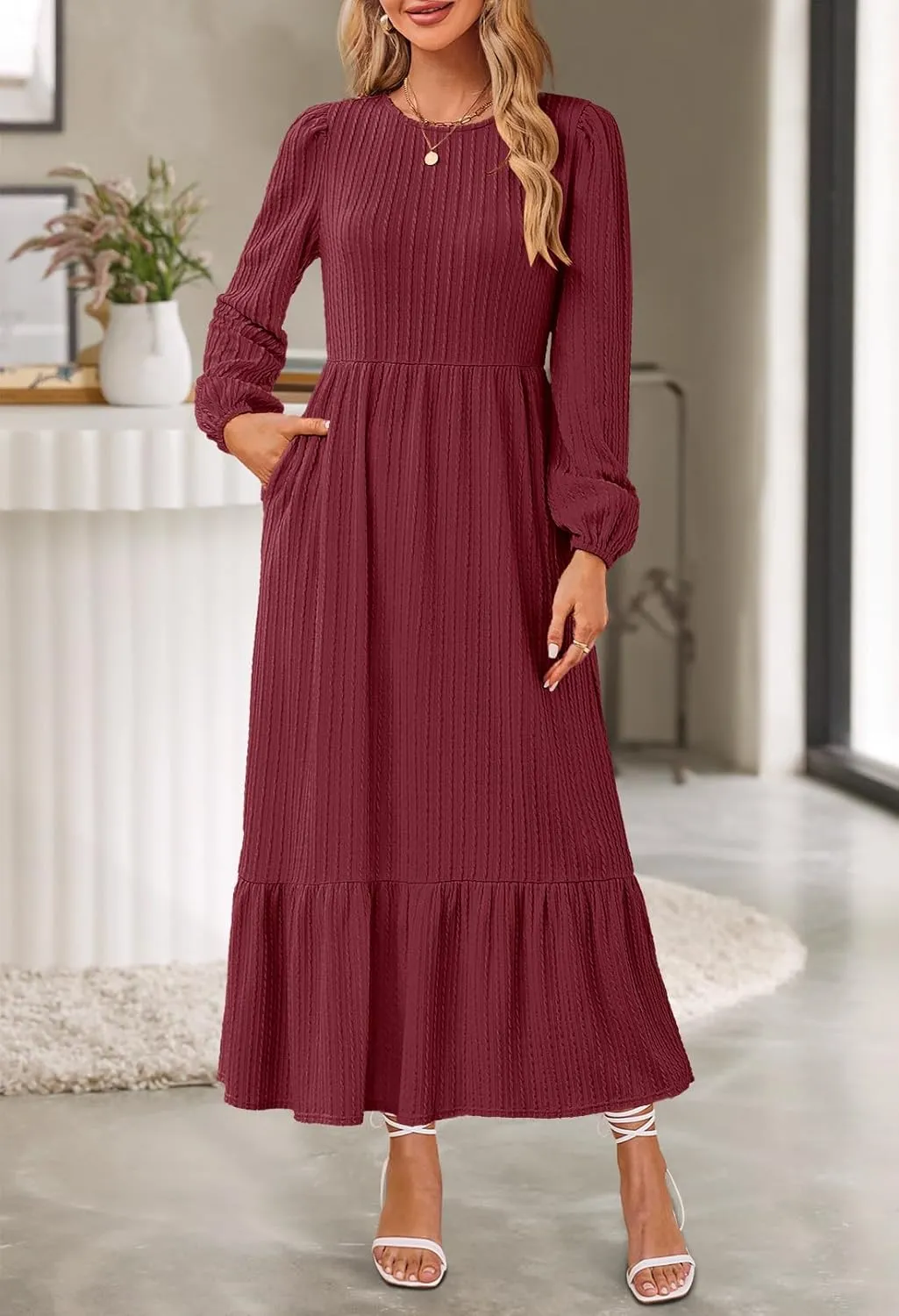 MEROKEETY Women's Fall Long Sleeve Maxi Dresses 2024 Casual Knit Crew Neck Tiered Flowy Pockets Dress