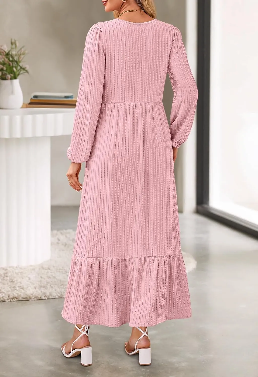 MEROKEETY Women's Fall Long Sleeve Maxi Dresses 2024 Casual Knit Crew Neck Tiered Flowy Pockets Dress