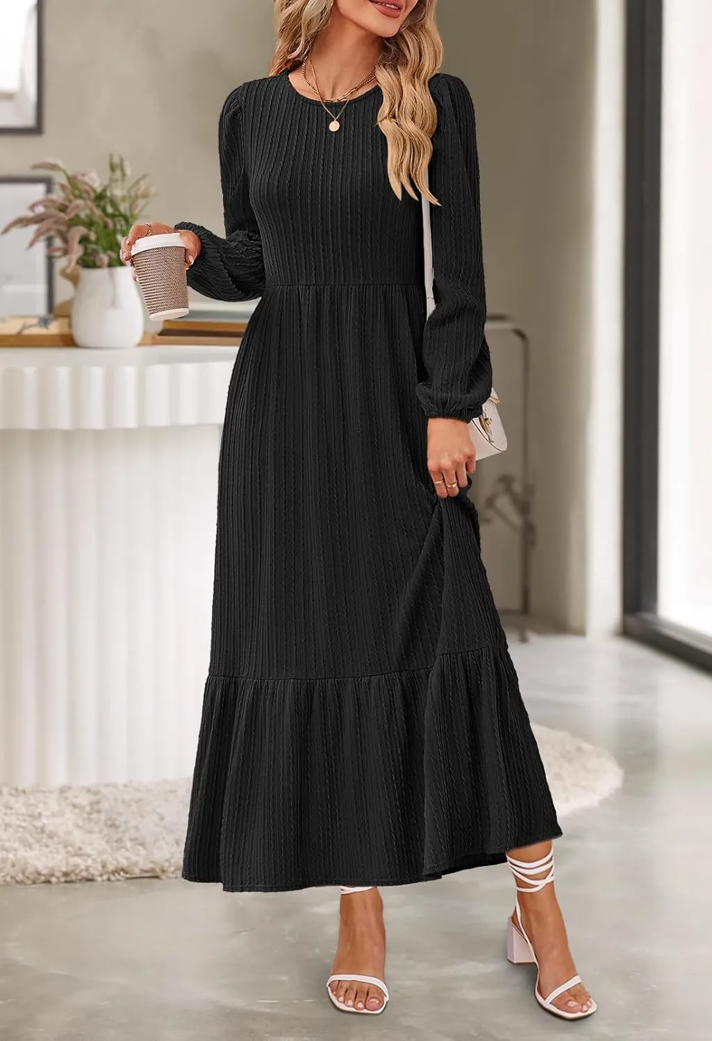 MEROKEETY Women's Fall Long Sleeve Maxi Dresses 2024 Casual Knit Crew Neck Tiered Flowy Pockets Dress