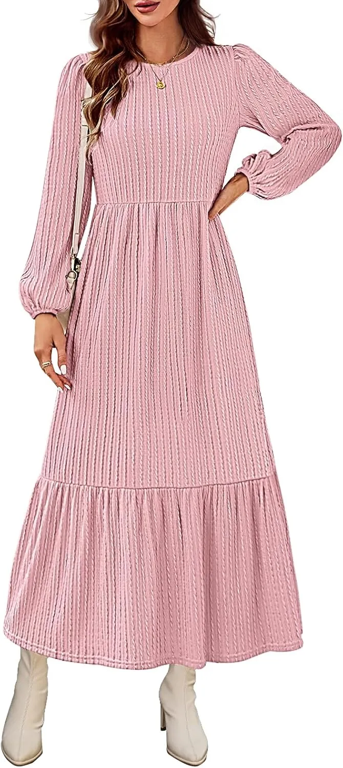 MEROKEETY Women's Fall Long Sleeve Maxi Dresses 2024 Casual Knit Crew Neck Tiered Flowy Pockets Dress