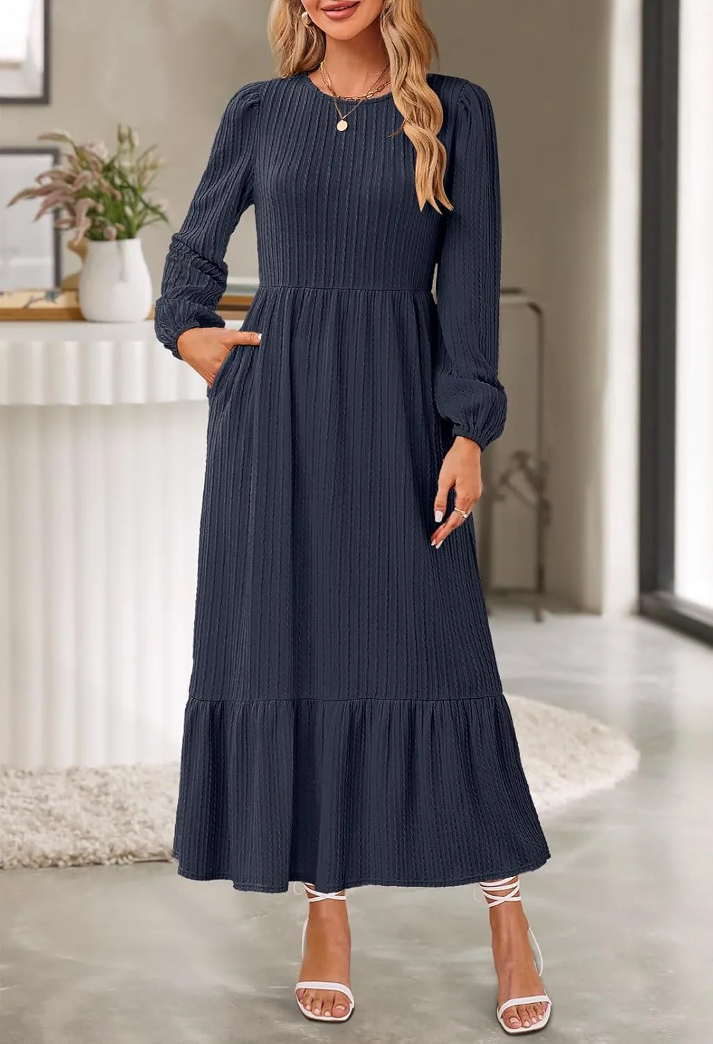 MEROKEETY Women's Fall Long Sleeve Maxi Dresses 2024 Casual Knit Crew Neck Tiered Flowy Pockets Dress