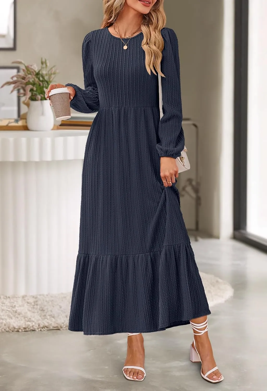 MEROKEETY Women's Fall Long Sleeve Maxi Dresses 2024 Casual Knit Crew Neck Tiered Flowy Pockets Dress