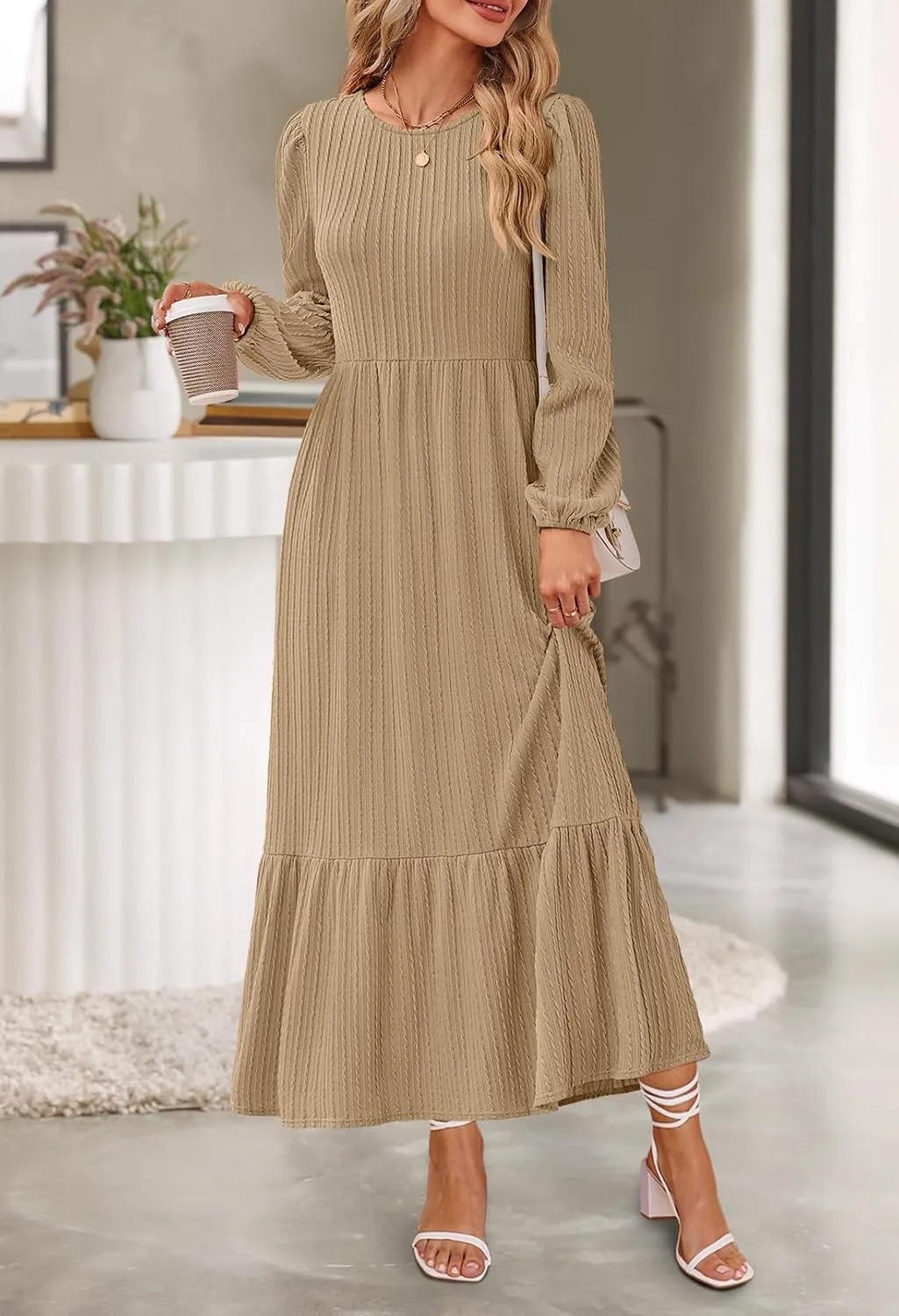 MEROKEETY Women's Fall Long Sleeve Maxi Dresses 2024 Casual Knit Crew Neck Tiered Flowy Pockets Dress