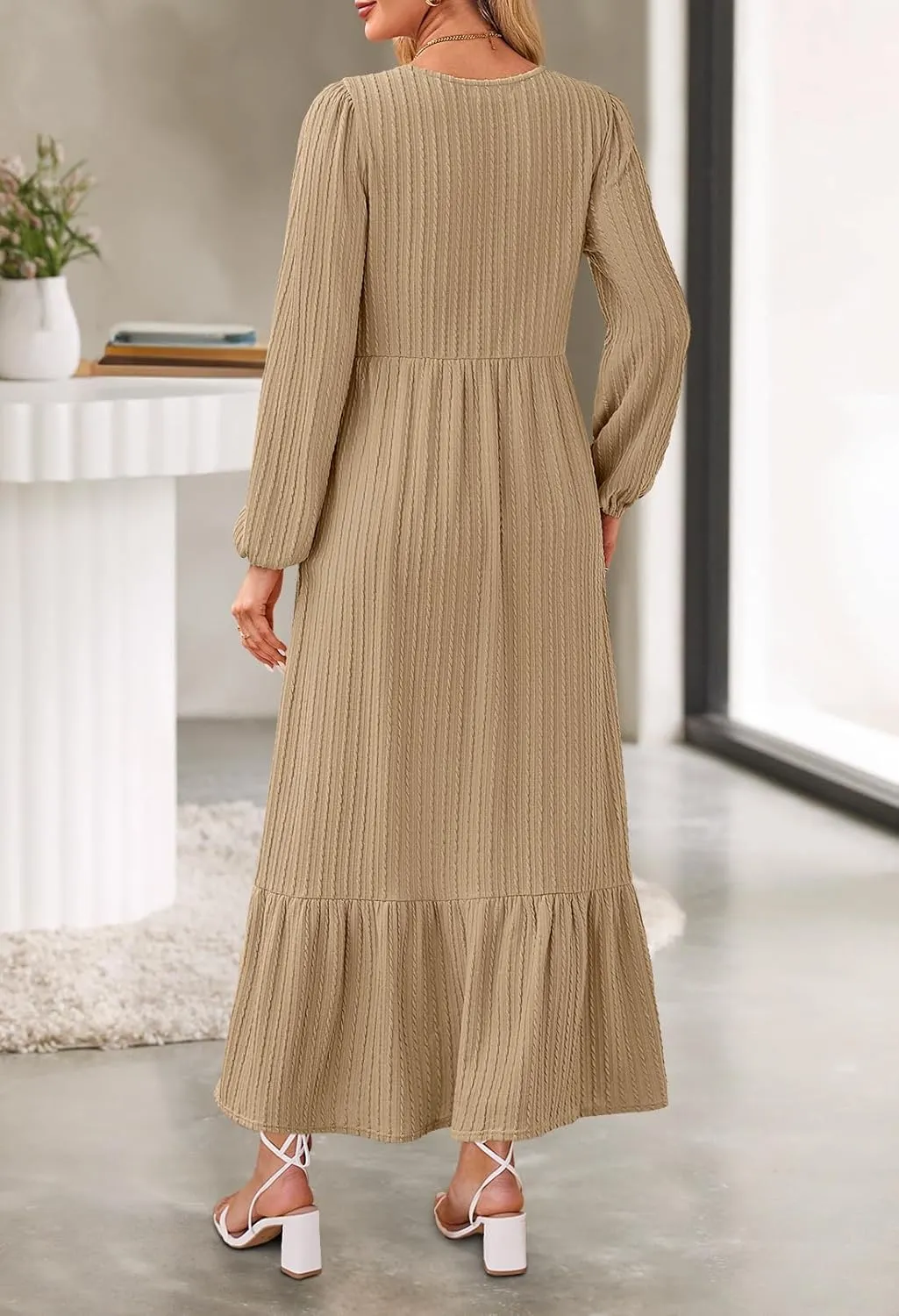 MEROKEETY Women's Fall Long Sleeve Maxi Dresses 2024 Casual Knit Crew Neck Tiered Flowy Pockets Dress