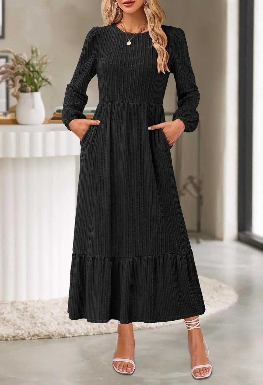 MEROKEETY Women's Fall Long Sleeve Maxi Dresses 2024 Casual Knit Crew Neck Tiered Flowy Pockets Dress
