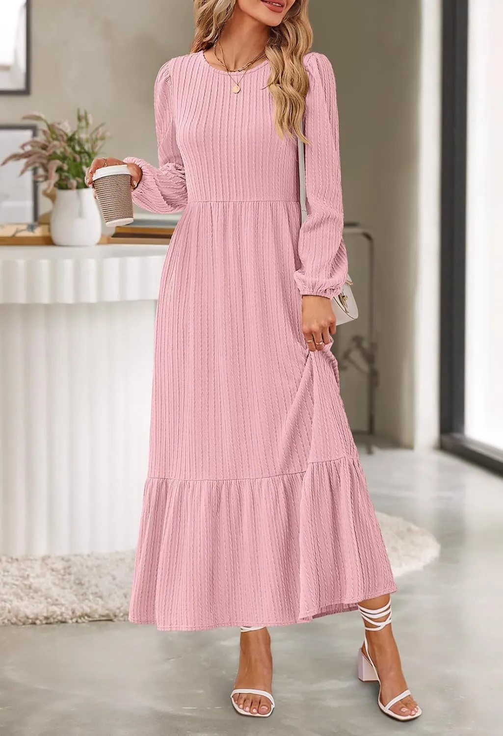 MEROKEETY Women's Fall Long Sleeve Maxi Dresses 2024 Casual Knit Crew Neck Tiered Flowy Pockets Dress