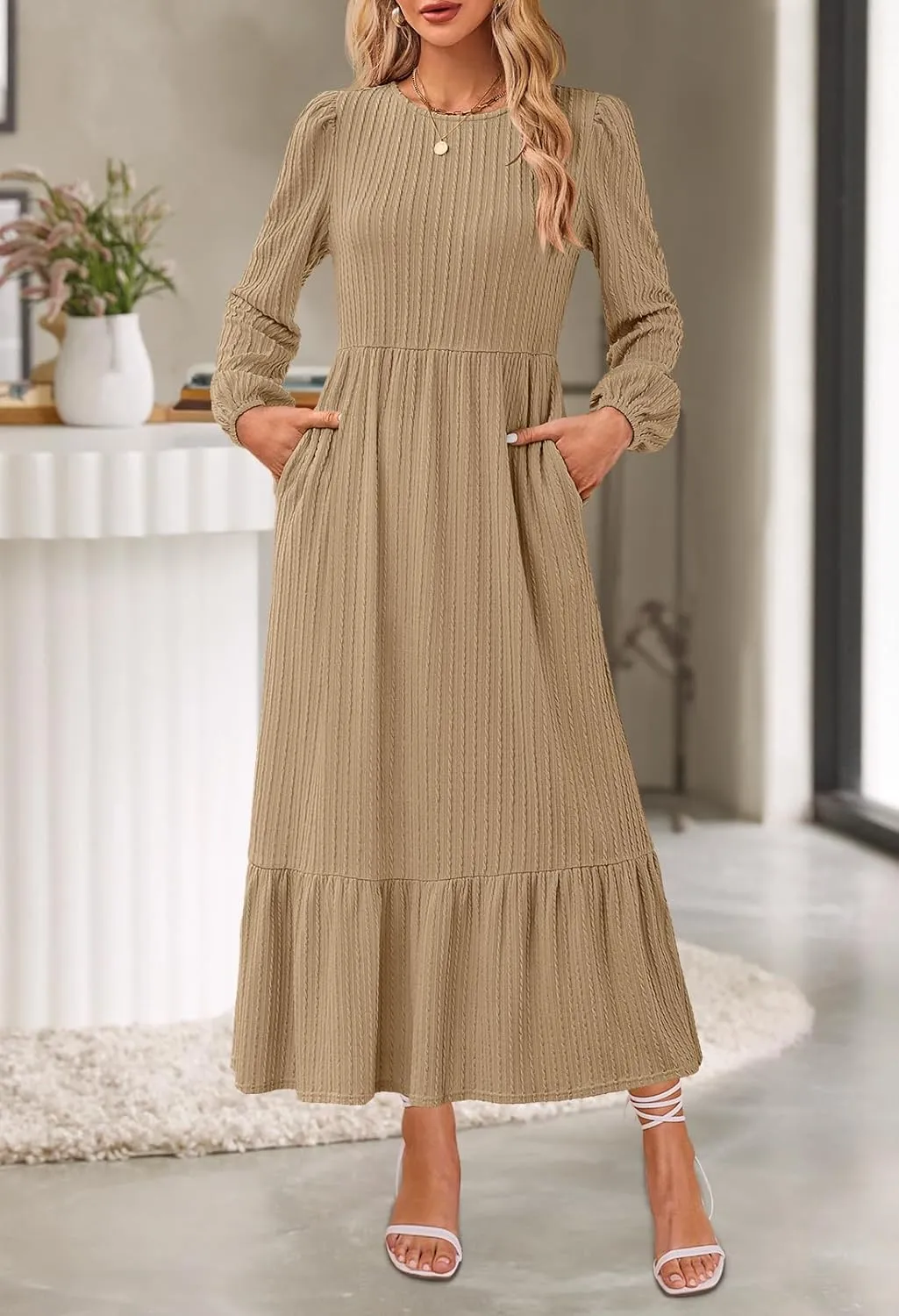 MEROKEETY Women's Fall Long Sleeve Maxi Dresses 2024 Casual Knit Crew Neck Tiered Flowy Pockets Dress
