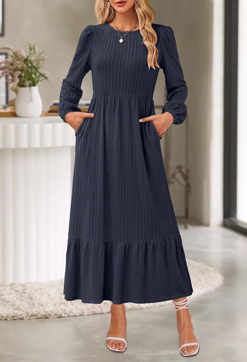 MEROKEETY Women's Fall Long Sleeve Maxi Dresses 2024 Casual Knit Crew Neck Tiered Flowy Pockets Dress