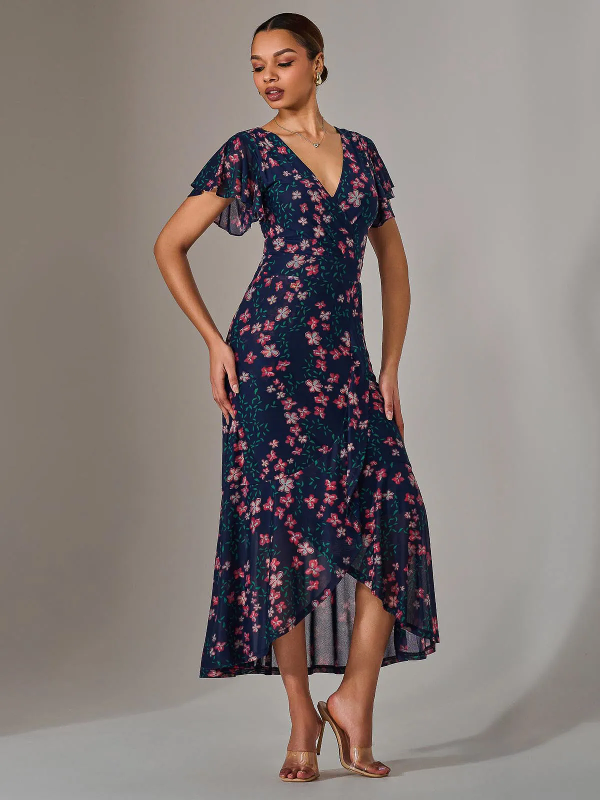 Mesh Frill Hem Maxi Dress, Navy Red Floral