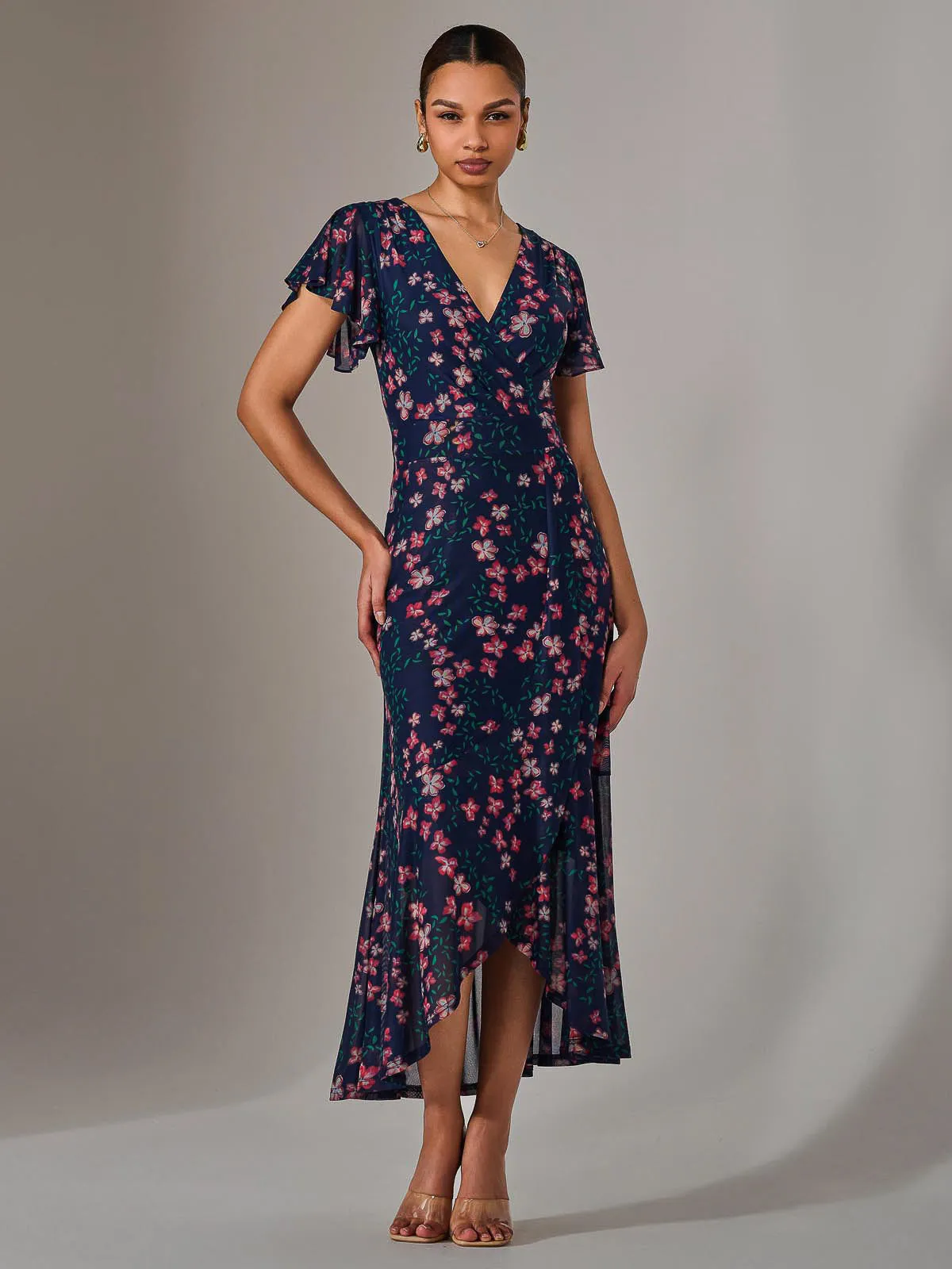 Mesh Frill Hem Maxi Dress, Navy Red Floral