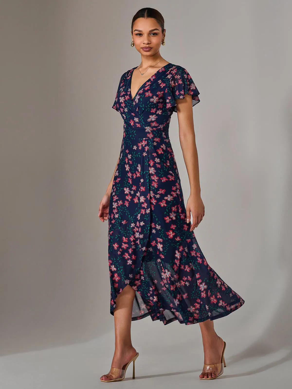 Mesh Frill Hem Maxi Dress, Navy Red Floral