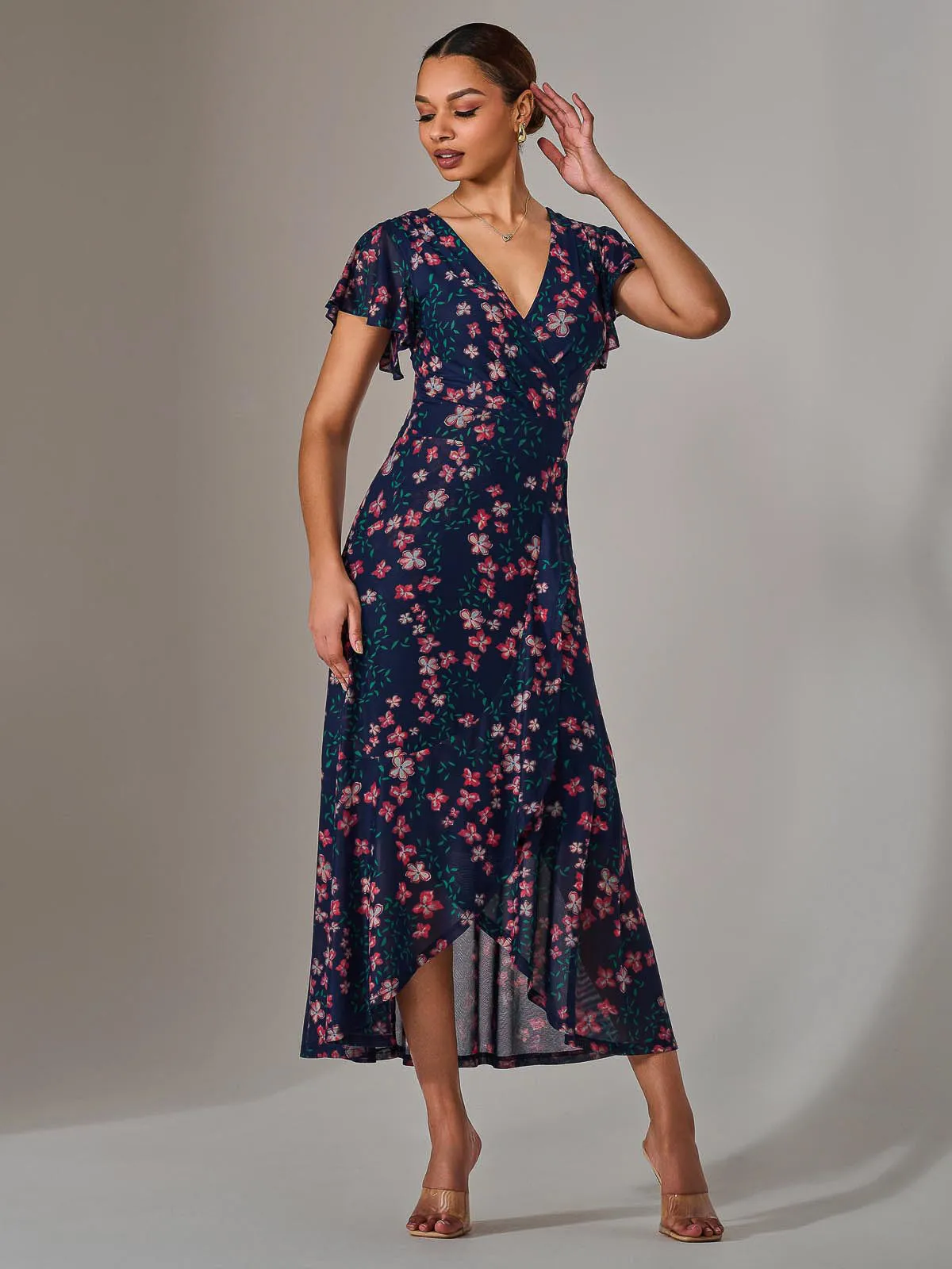 Mesh Frill Hem Maxi Dress, Navy Red Floral