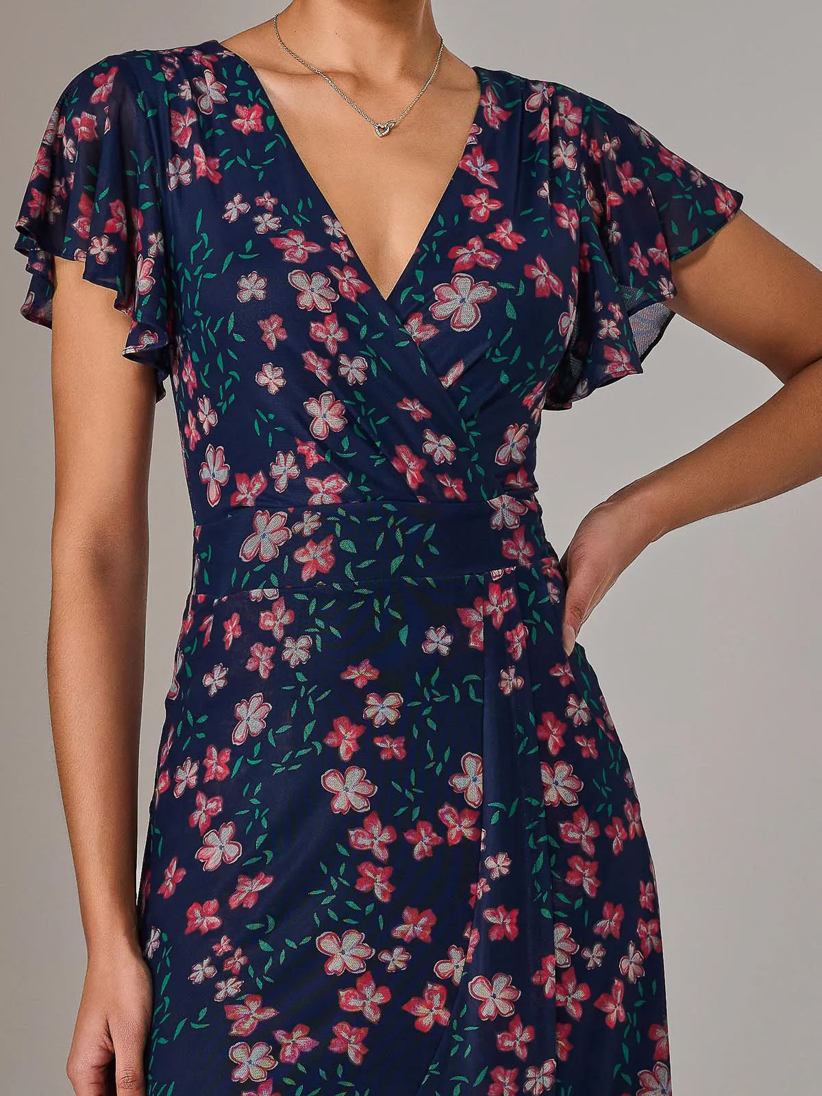 Mesh Frill Hem Maxi Dress, Navy Red Floral
