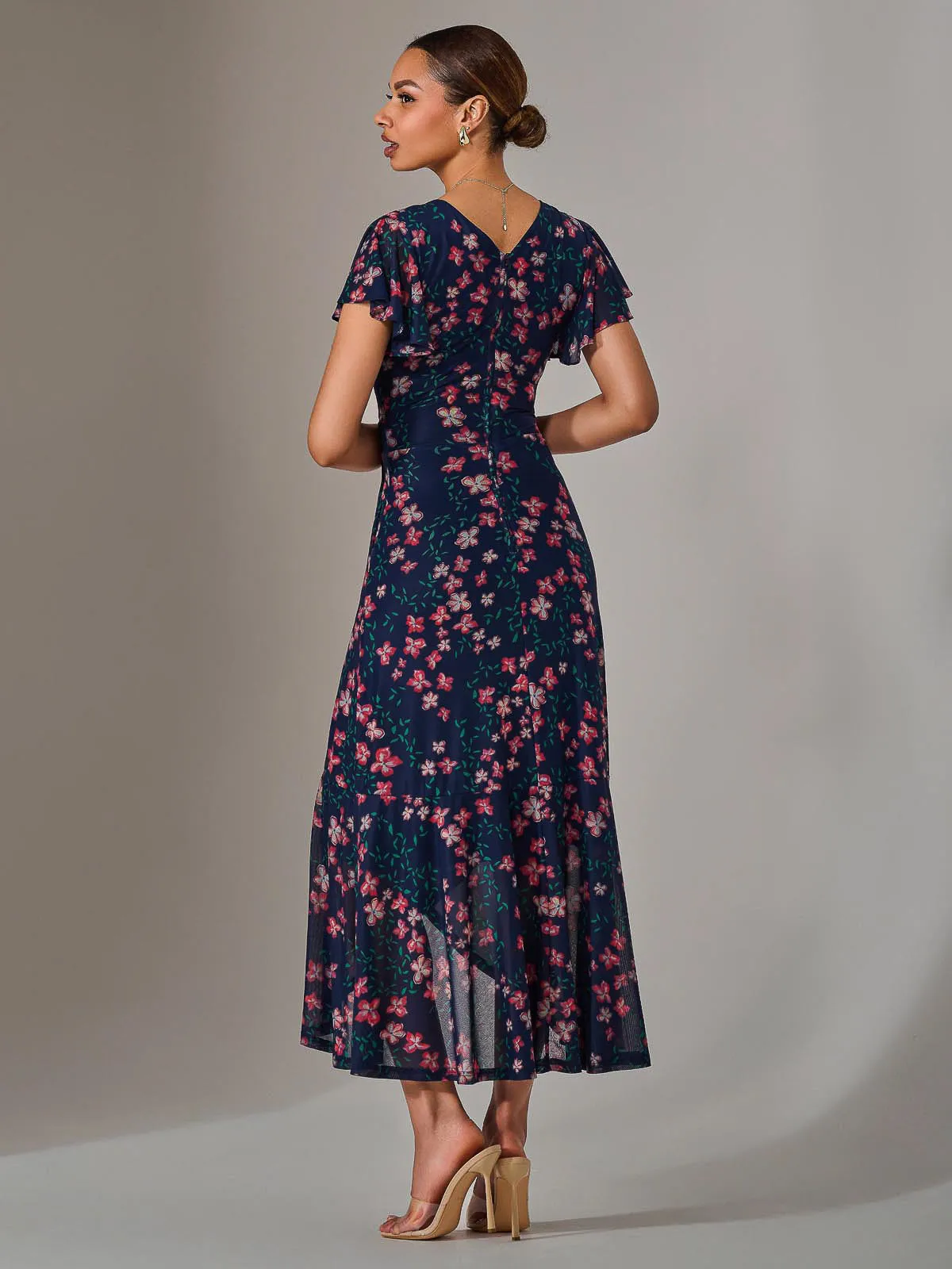 Mesh Frill Hem Maxi Dress, Navy Red Floral