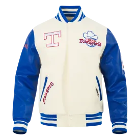 MLB TEXAS RANGERS RETRO CLASSIC MEN'S RIB VARSITY JACKET (EGGSHELL/ROYAL BLUE)