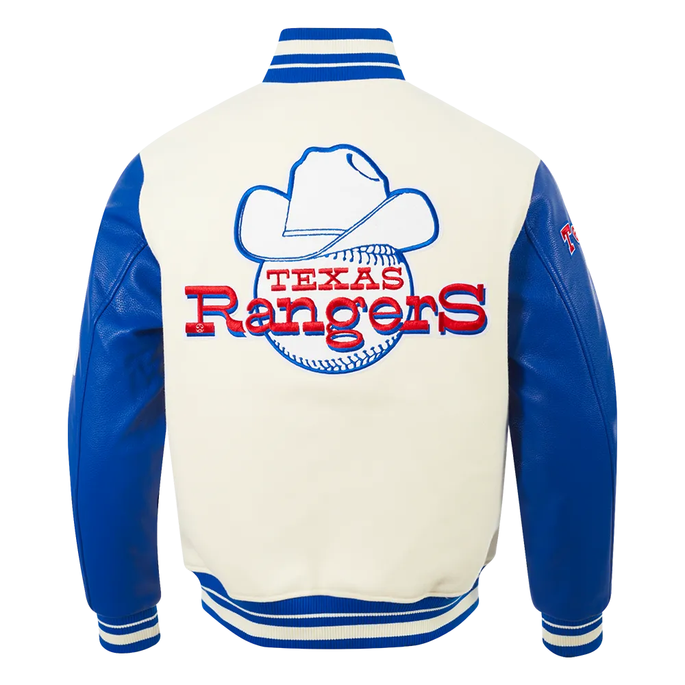 MLB TEXAS RANGERS RETRO CLASSIC MEN'S RIB VARSITY JACKET (EGGSHELL/ROYAL BLUE)