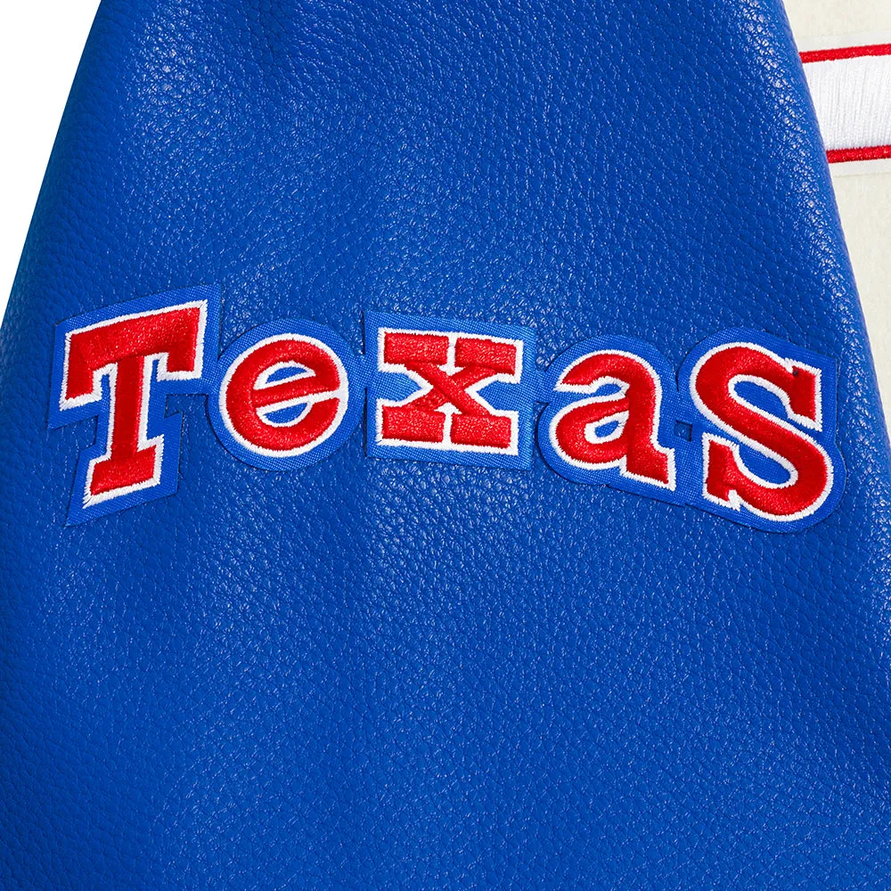 MLB TEXAS RANGERS RETRO CLASSIC MEN'S RIB VARSITY JACKET (EGGSHELL/ROYAL BLUE)