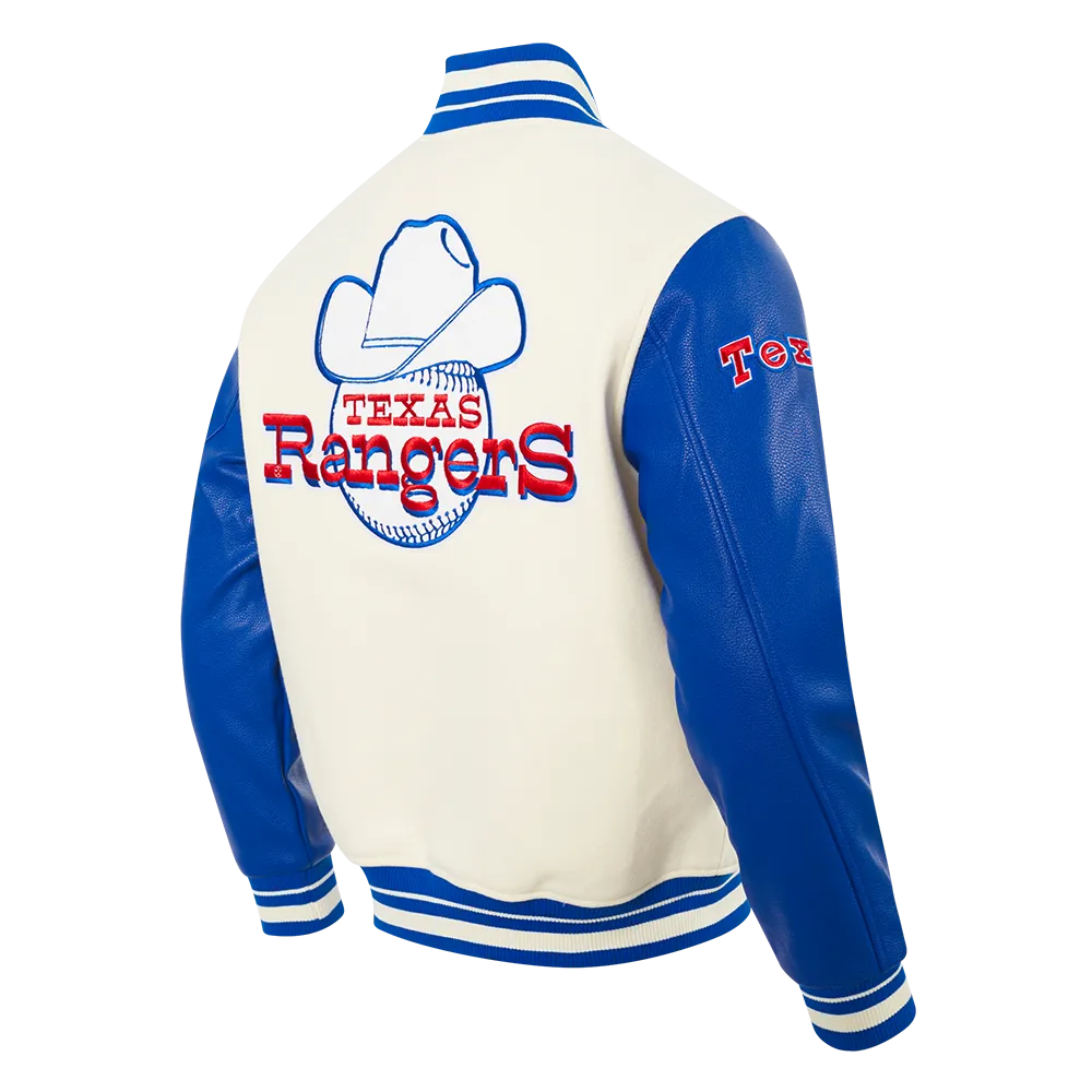 MLB TEXAS RANGERS RETRO CLASSIC MEN'S RIB VARSITY JACKET (EGGSHELL/ROYAL BLUE)