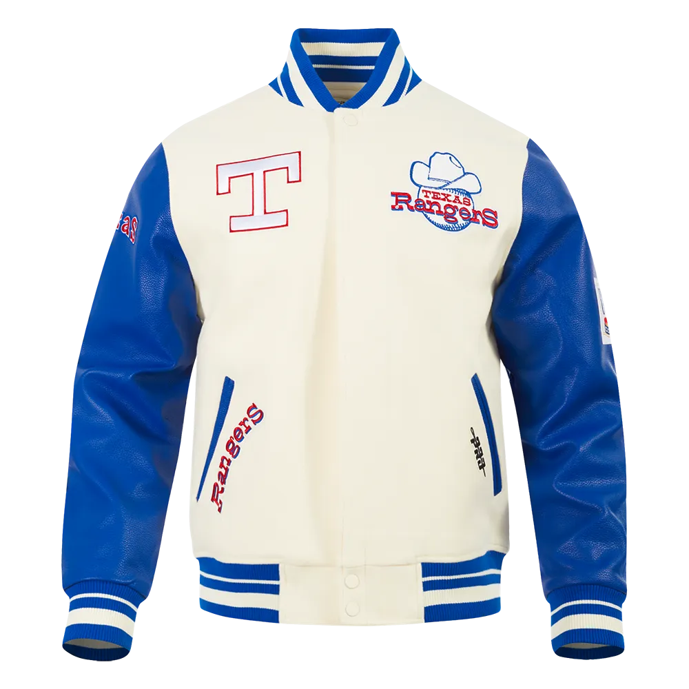 MLB TEXAS RANGERS RETRO CLASSIC MEN'S RIB VARSITY JACKET (EGGSHELL/ROYAL BLUE)