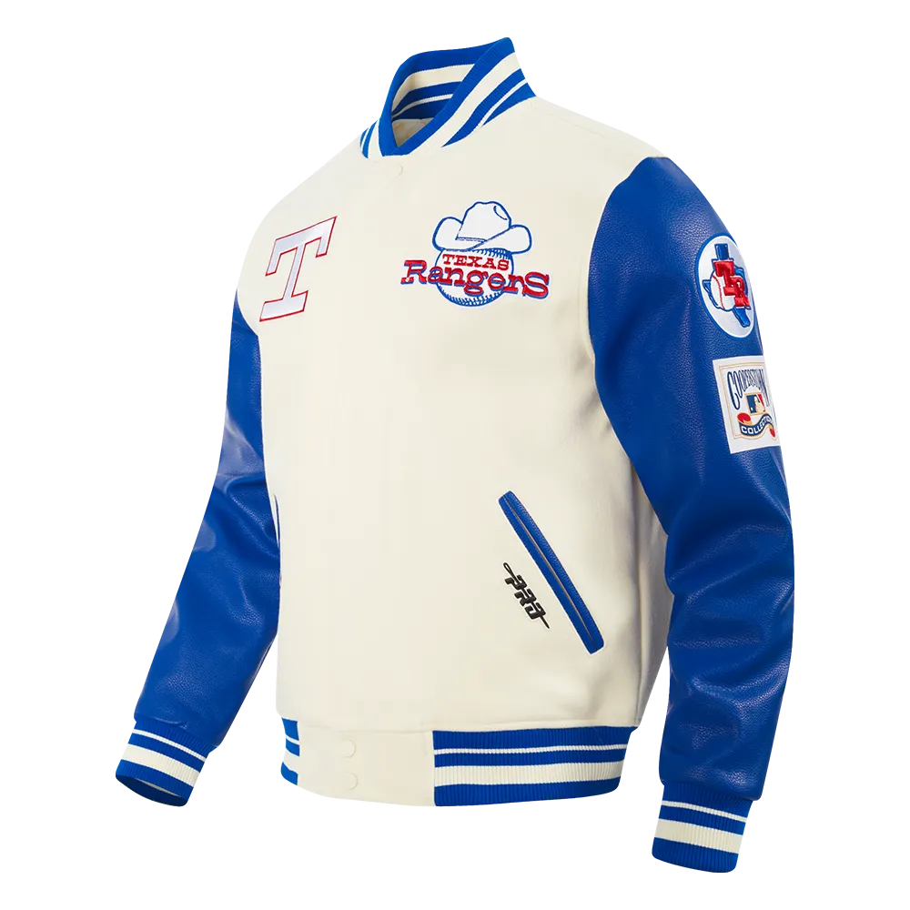 MLB TEXAS RANGERS RETRO CLASSIC MEN'S RIB VARSITY JACKET (EGGSHELL/ROYAL BLUE)