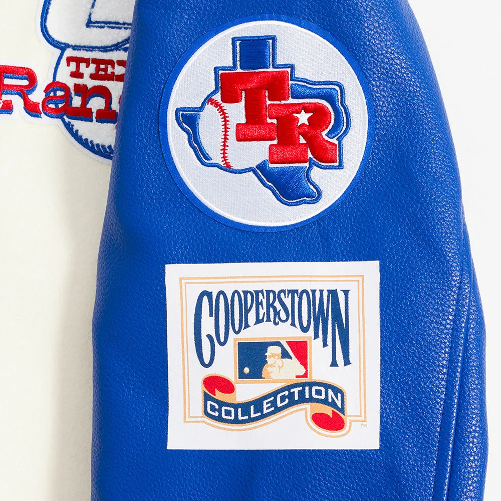 MLB TEXAS RANGERS RETRO CLASSIC MEN'S RIB VARSITY JACKET (EGGSHELL/ROYAL BLUE)