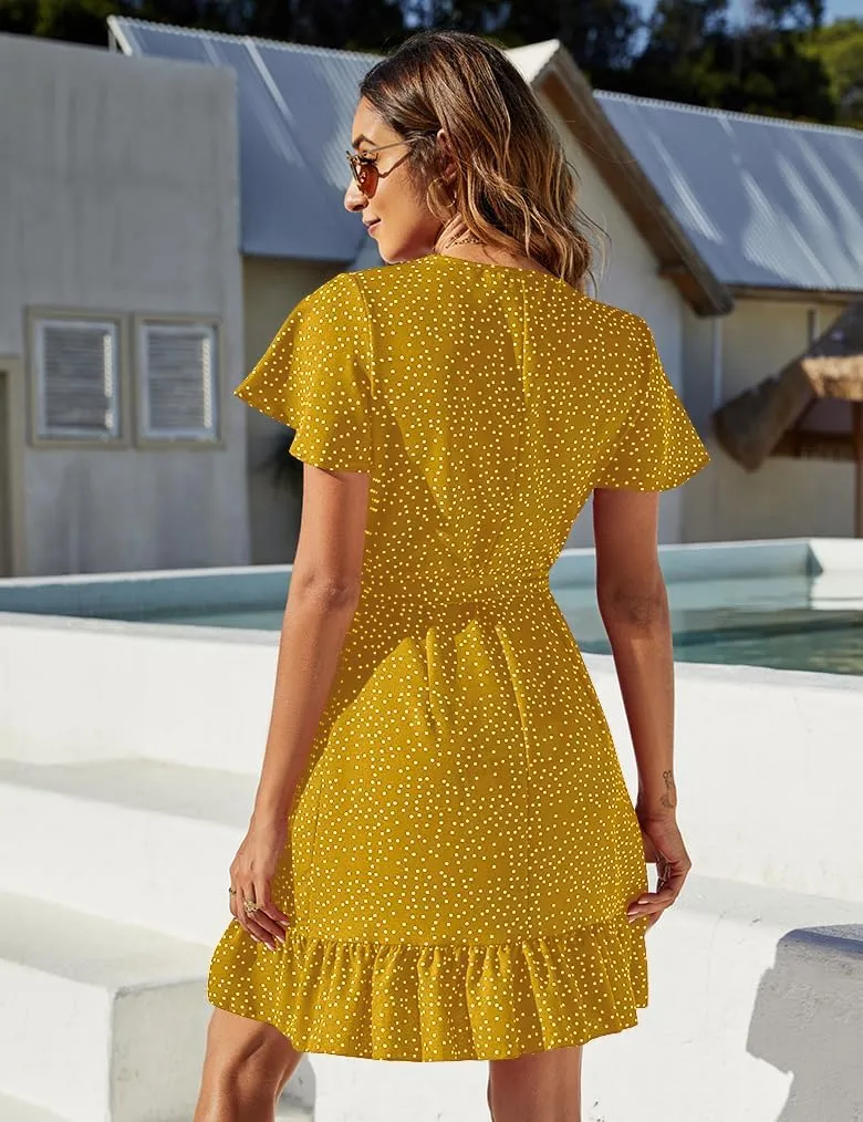 Naggoo Women's Summer Wrap V Neck Polka Dot Print Ruffle Short Sleeve Mini Floral Dress with Belt