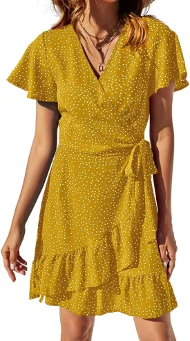 Naggoo Women's Summer Wrap V Neck Polka Dot Print Ruffle Short Sleeve Mini Floral Dress with Belt