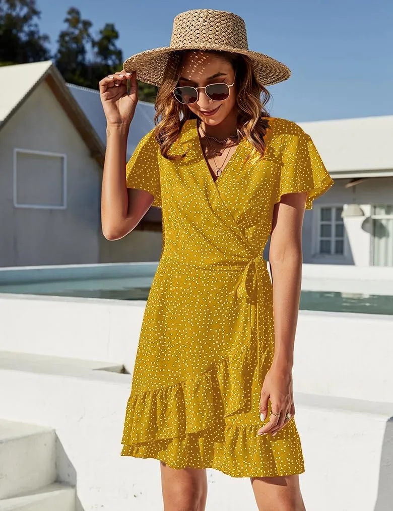 Naggoo Women's Summer Wrap V Neck Polka Dot Print Ruffle Short Sleeve Mini Floral Dress with Belt