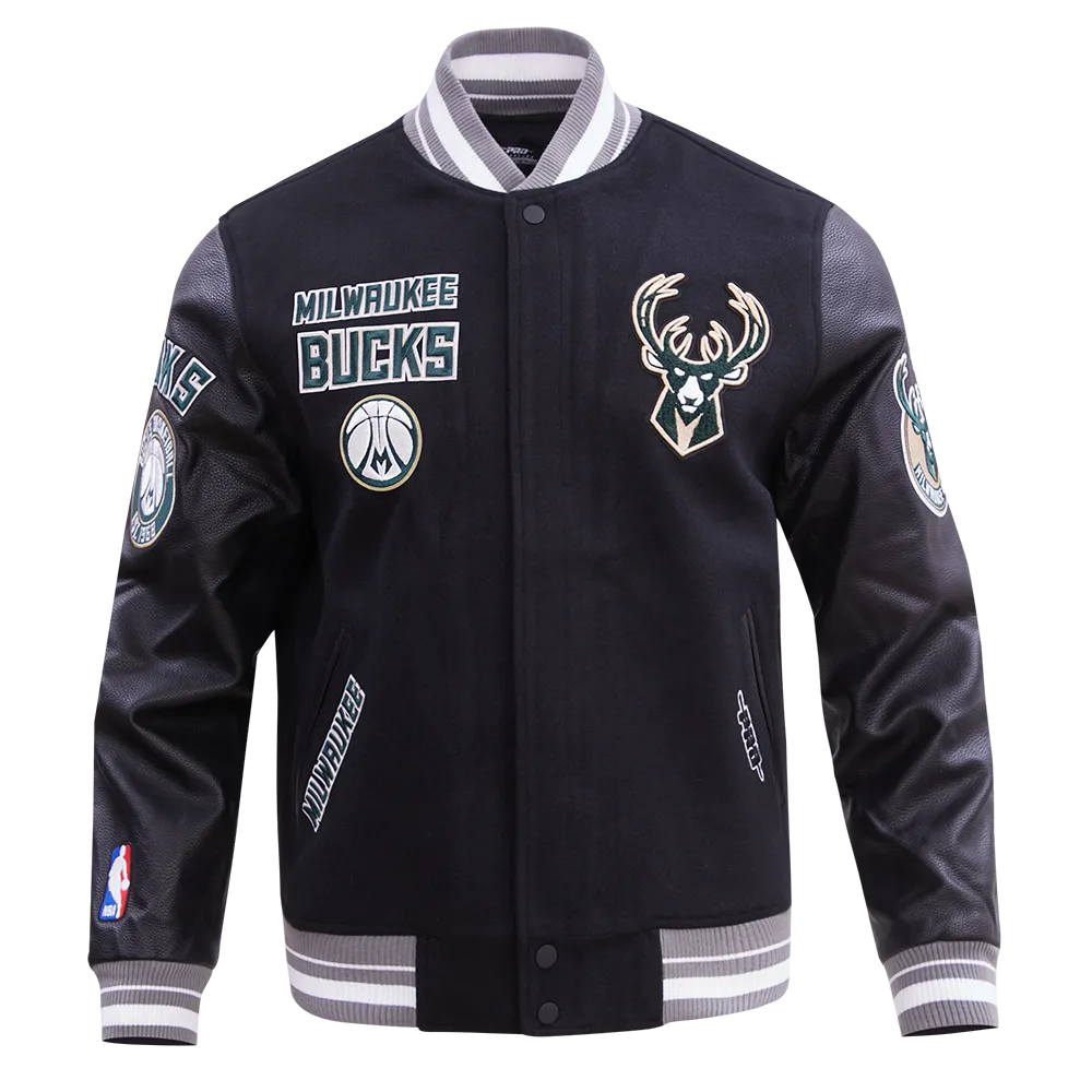 NBA MILWAUKEE BUCKS RETRO CLASSIC MEN'S RIB WOOL VARSITY JACKET (BLACK/GRAY)