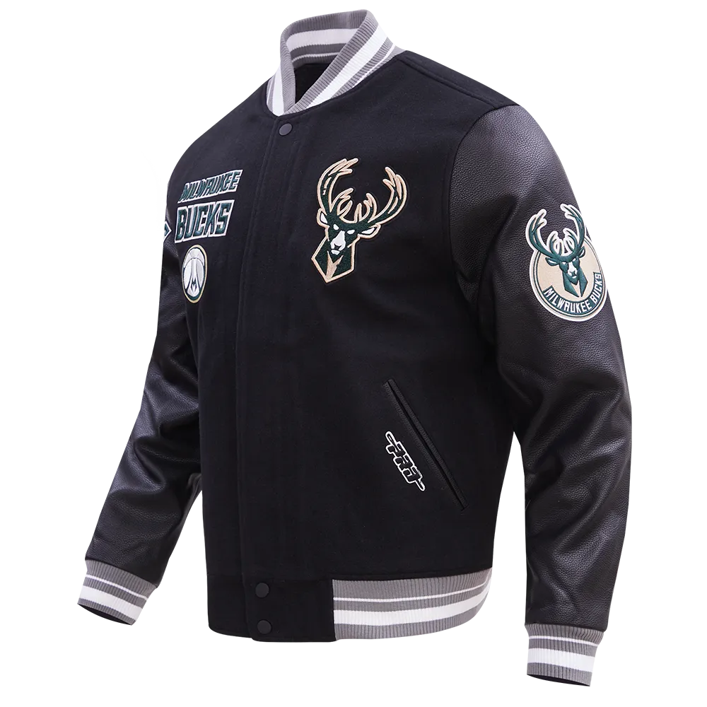 NBA MILWAUKEE BUCKS RETRO CLASSIC MEN'S RIB WOOL VARSITY JACKET (BLACK/GRAY)
