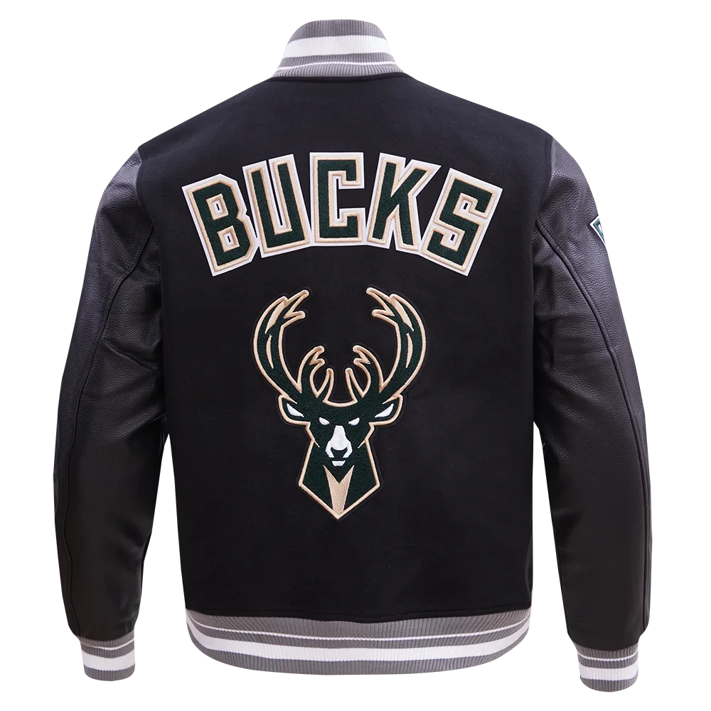 NBA MILWAUKEE BUCKS RETRO CLASSIC MEN'S RIB WOOL VARSITY JACKET (BLACK/GRAY)