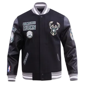 NBA MILWAUKEE BUCKS RETRO CLASSIC MEN'S RIB WOOL VARSITY JACKET (BLACK/GRAY)