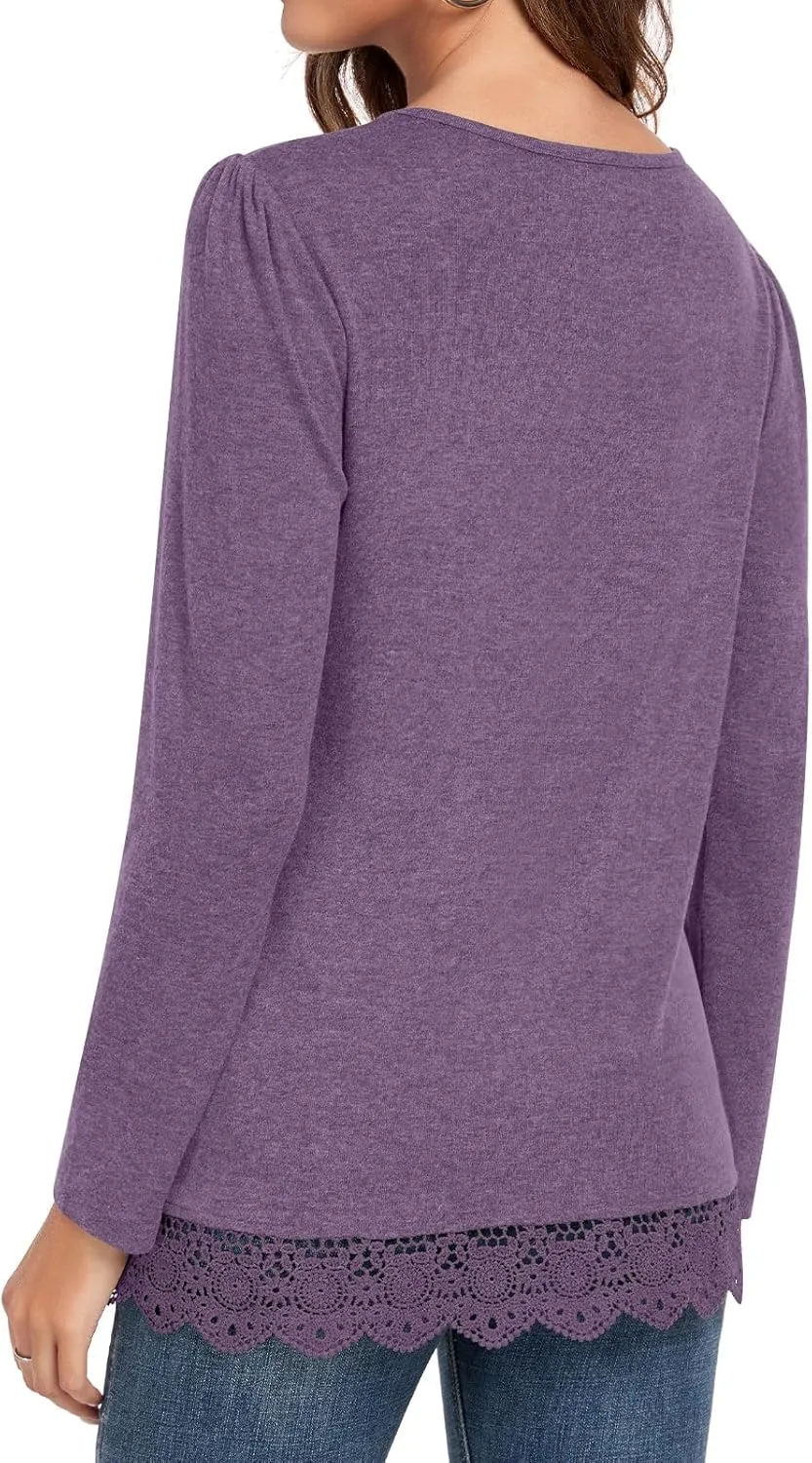 Netsmile Women's Casual Long Sleeve Square-Neck Tunic Tops Fall Winter Blouse with Lace Hem