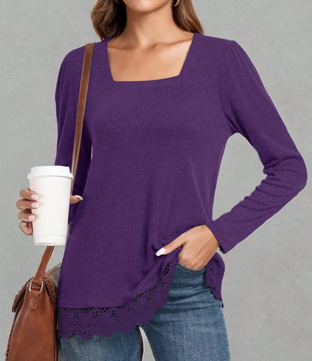 Netsmile Women's Casual Long Sleeve Square-Neck Tunic Tops Fall Winter Blouse with Lace Hem