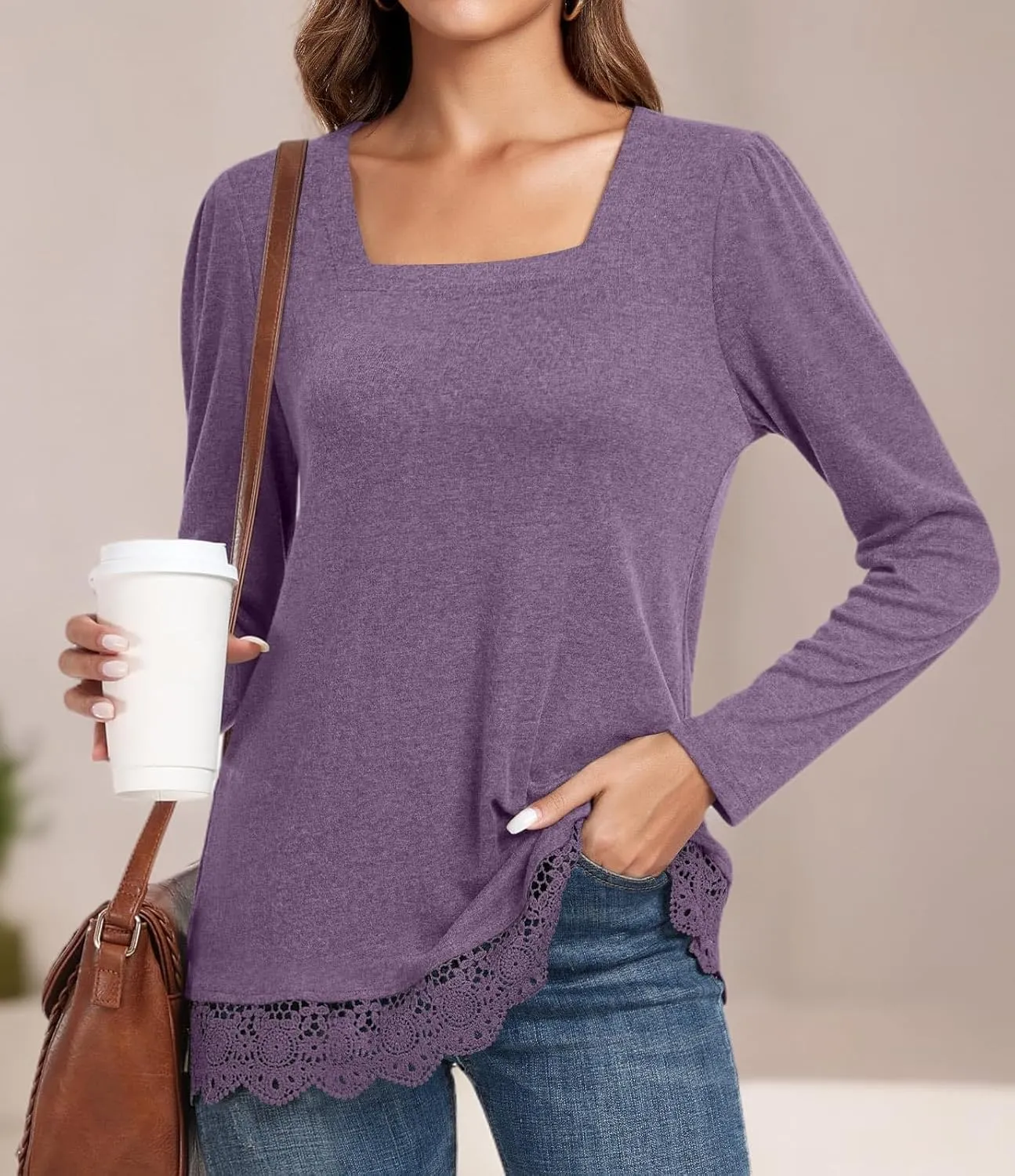Netsmile Women's Casual Long Sleeve Square-Neck Tunic Tops Fall Winter Blouse with Lace Hem