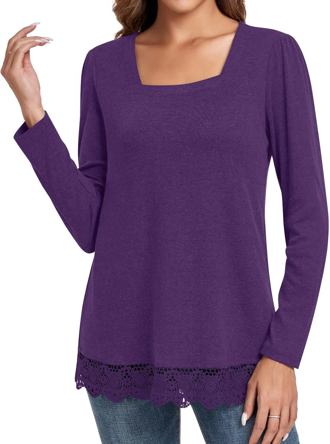 Netsmile Women's Casual Long Sleeve Square-Neck Tunic Tops Fall Winter Blouse with Lace Hem