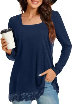 Netsmile Women's Casual Long Sleeve Square-Neck Tunic Tops Fall Winter Blouse with Lace Hem
