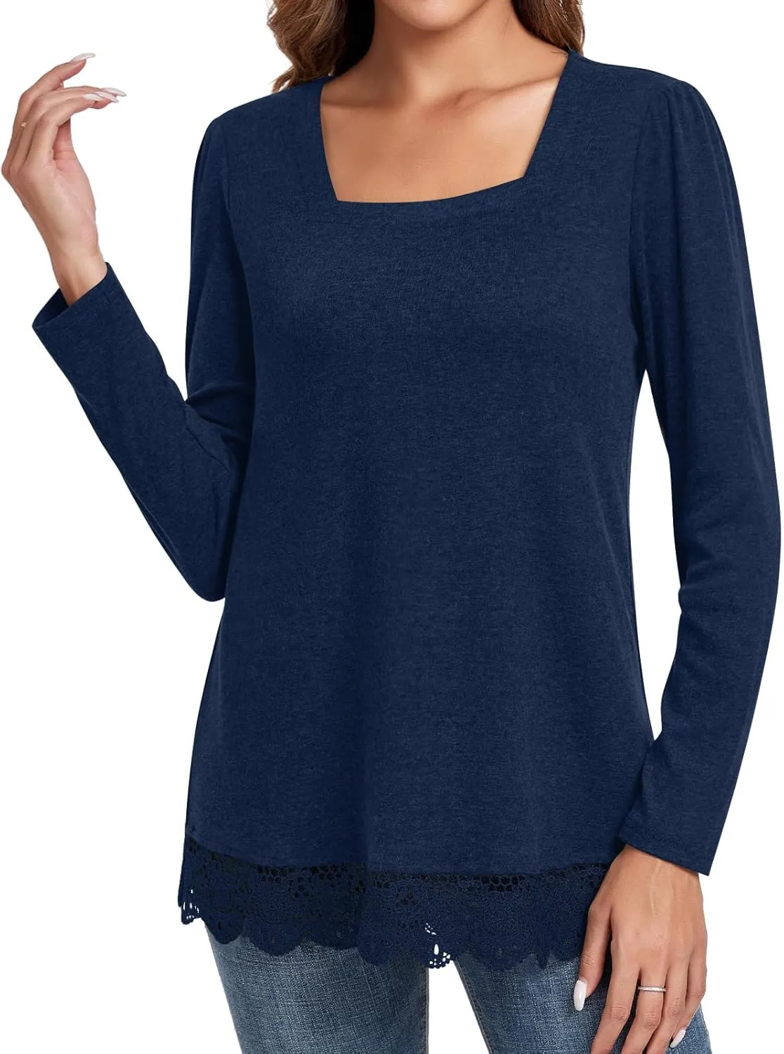 Netsmile Women's Casual Long Sleeve Square-Neck Tunic Tops Fall Winter Blouse with Lace Hem