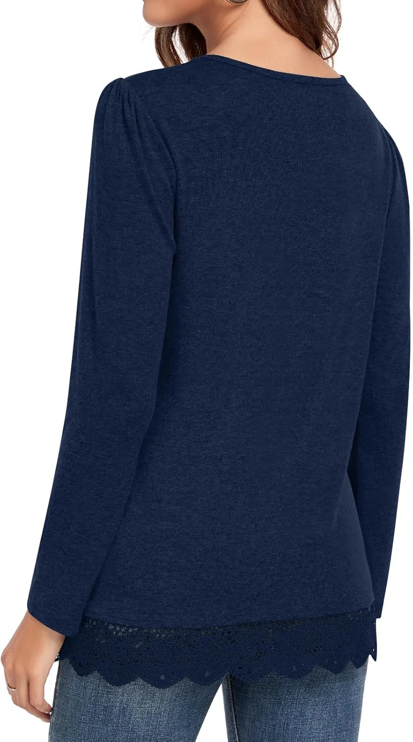 Netsmile Women's Casual Long Sleeve Square-Neck Tunic Tops Fall Winter Blouse with Lace Hem