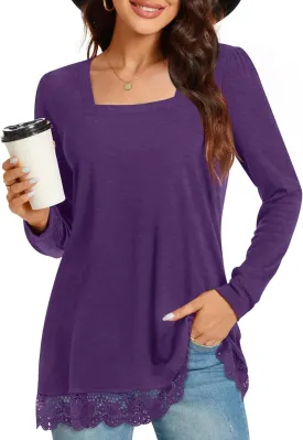 Netsmile Women's Casual Long Sleeve Square-Neck Tunic Tops Fall Winter Blouse with Lace Hem