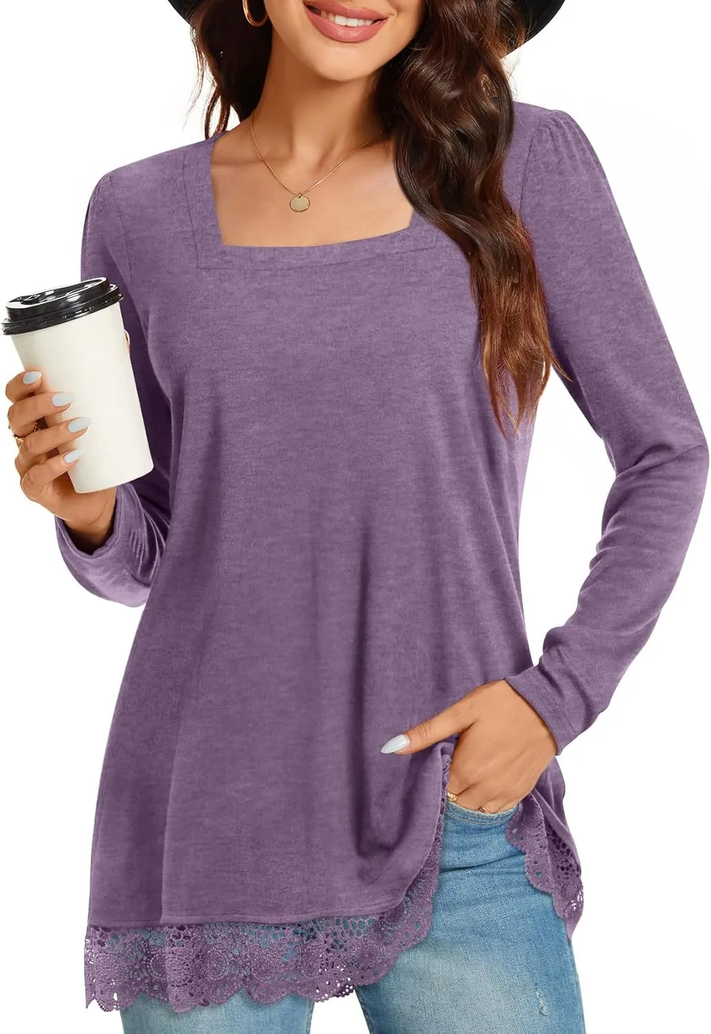 Netsmile Women's Casual Long Sleeve Square-Neck Tunic Tops Fall Winter Blouse with Lace Hem