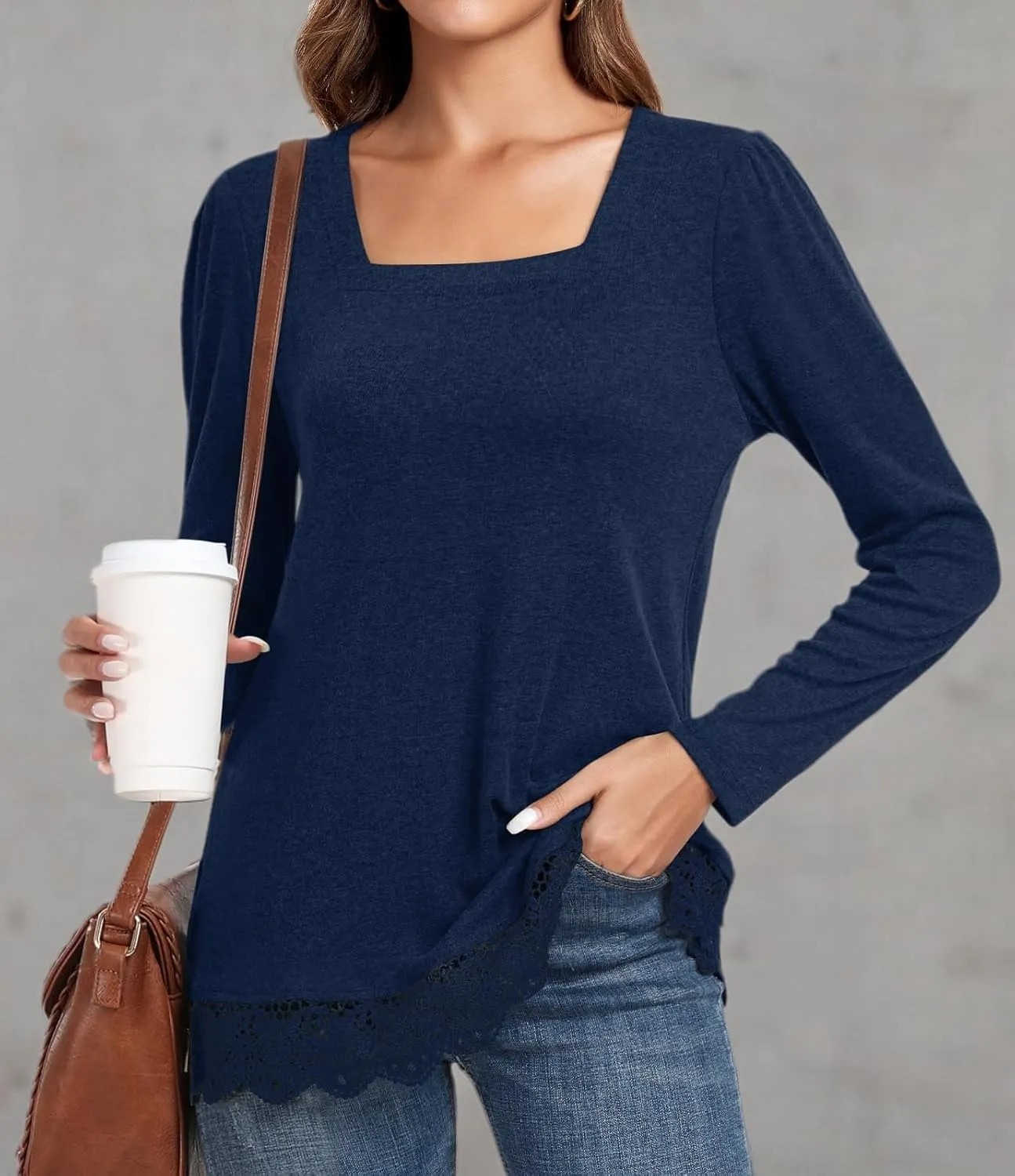 Netsmile Women's Casual Long Sleeve Square-Neck Tunic Tops Fall Winter Blouse with Lace Hem