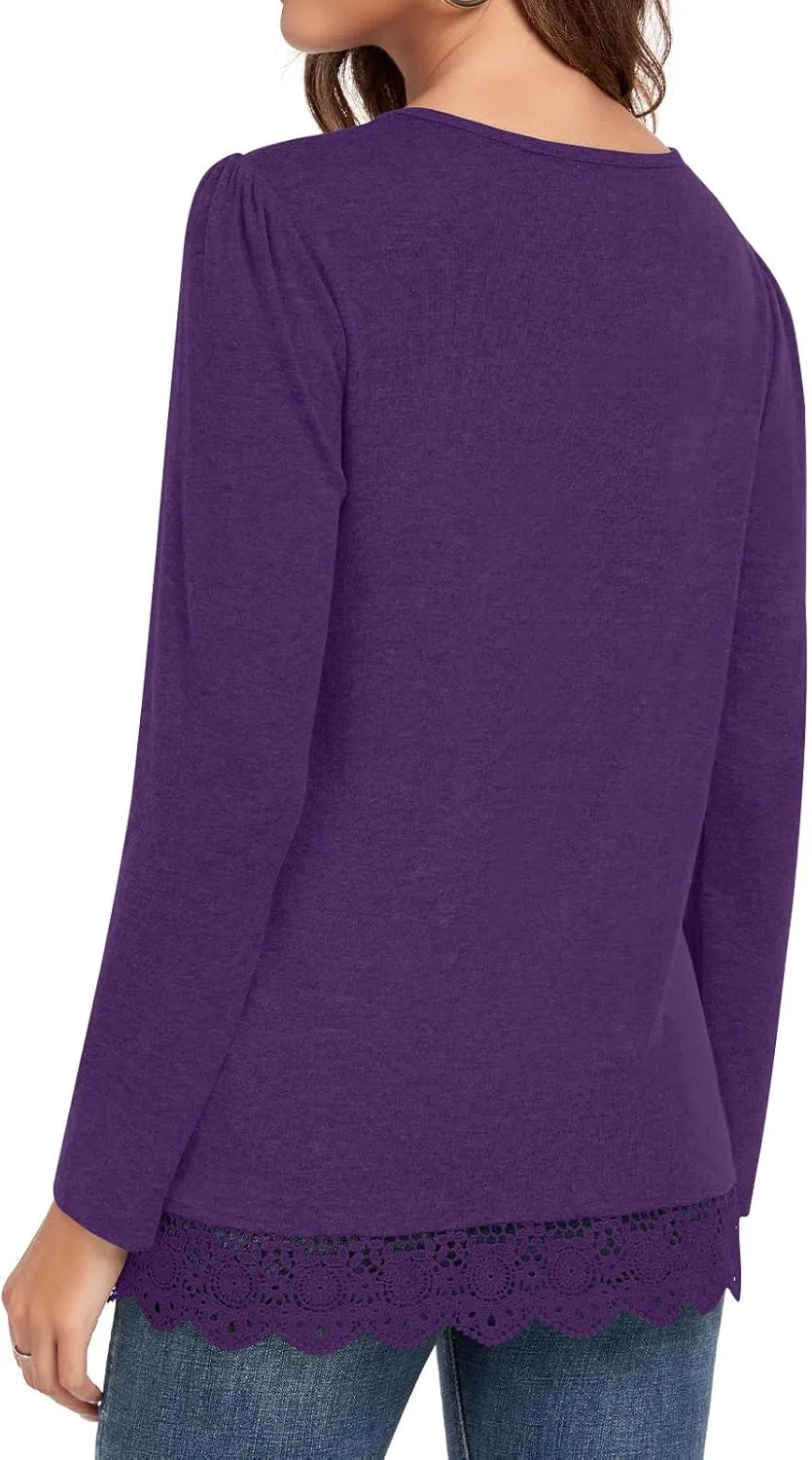 Netsmile Women's Casual Long Sleeve Square-Neck Tunic Tops Fall Winter Blouse with Lace Hem