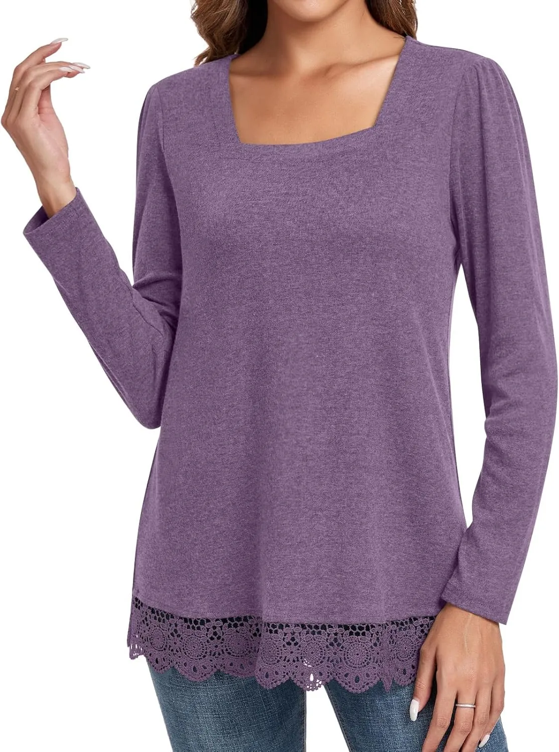 Netsmile Women's Casual Long Sleeve Square-Neck Tunic Tops Fall Winter Blouse with Lace Hem