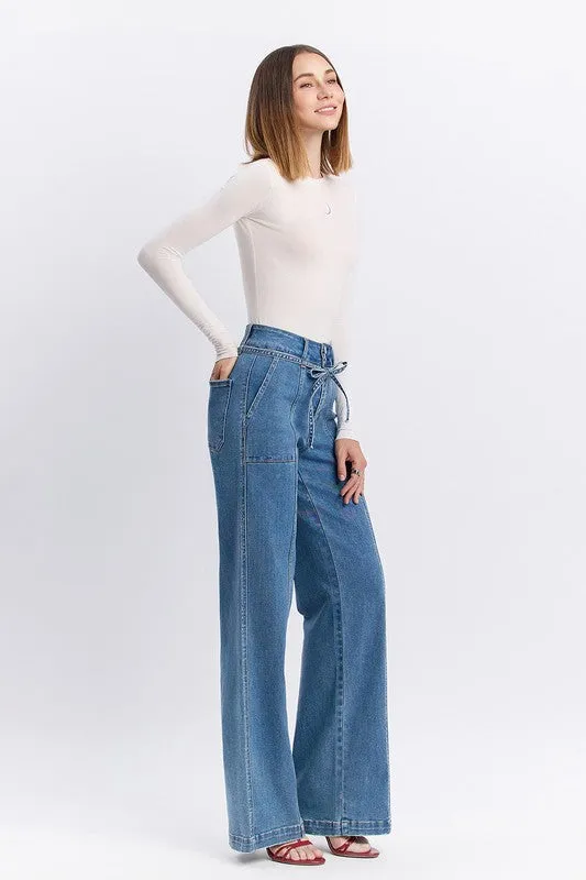 Norah High Rise Waist Tie Wide Leg Jeans Medium Wash