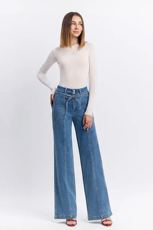 Norah High Rise Waist Tie Wide Leg Jeans Medium Wash